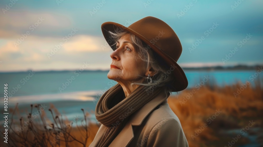 A woman wearing a hat and scarf looking out at the water. Suitable for travel and lifestyle concepts