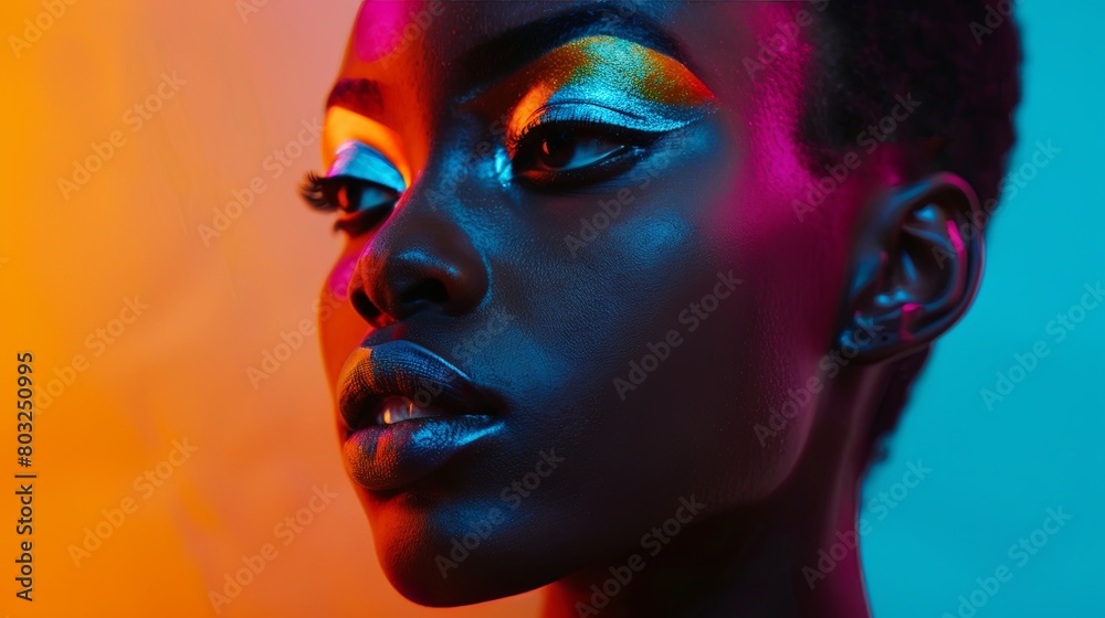 Vibrant colorful makeup on dark-skinned model with creative lighting