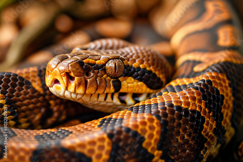 "Close-Up of a Python with Mouth Open, Displaying Detailed Skin Texture in Natural Brown and Yellow Tones