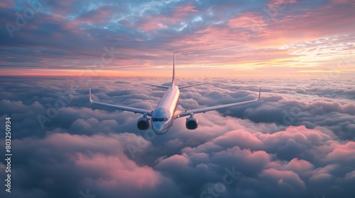 Passengers commercial airplane flying above clouds in sunset light. Concept of fast travel