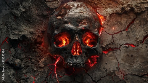 Eerie human skull with glowing red eyes set in a dark, cracked surface photo