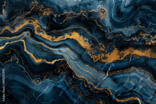 Abstract swirling pattern of deep blue and gold in a luxurious marble texture