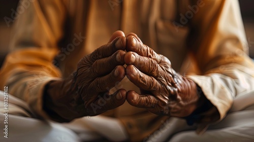 Contemplative elderly dark-skinned person with clasped hands