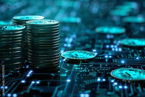 stacks of coins with glowing blue digital graphs money and technology concept illustration