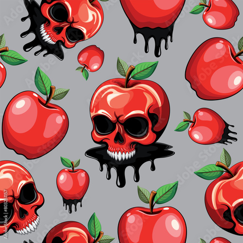 Skull Red Apple Poisonus Deadly Fruit Icon Spooky Vector Seamless repeat Pattern illustration   © BluedarkArt