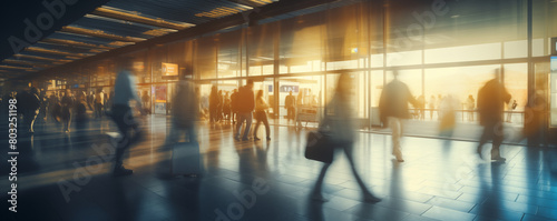 Blurred passengers in airport, generated by ai