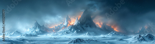 A vast mountain range covered in snow and ice with a volcano erupting in the center. photo