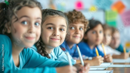 primary elementary school group of children studying in the classroom. learning and sitting at the desk. young cute kids smiling, high quality photo