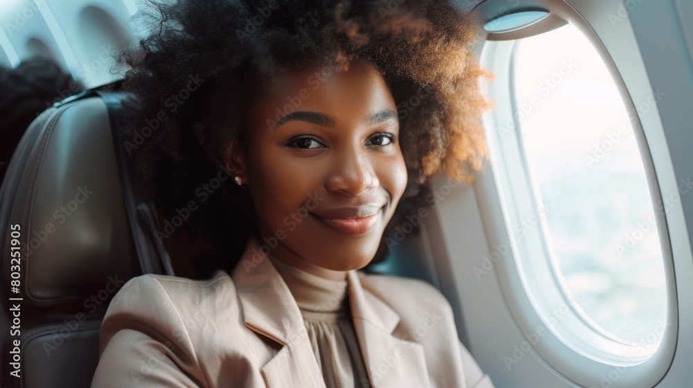 Woman Smiling by Airplane Window