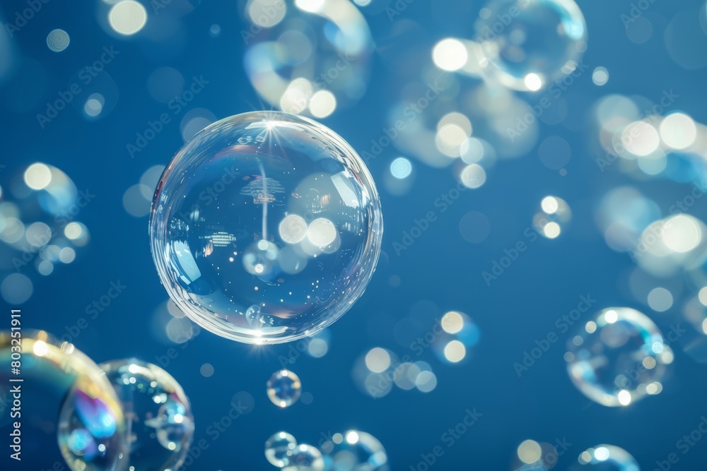 Serene Crystal Bubbles Floating in an Azure Sea of Sparkling Bokeh Lights.