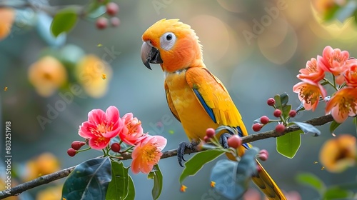 Colorful Parrot Perched on Vibrant Flowering Branch in Tropical Nature Scene