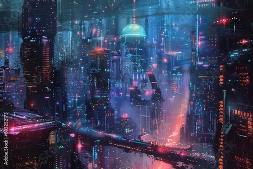 A modern cityscape with illuminated buildings  perfect for futuristic concepts