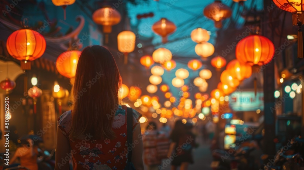 Female travelers explore Asia, Thailand, and delight in the bustling streets of Bangkok's lively Yaowarat district.