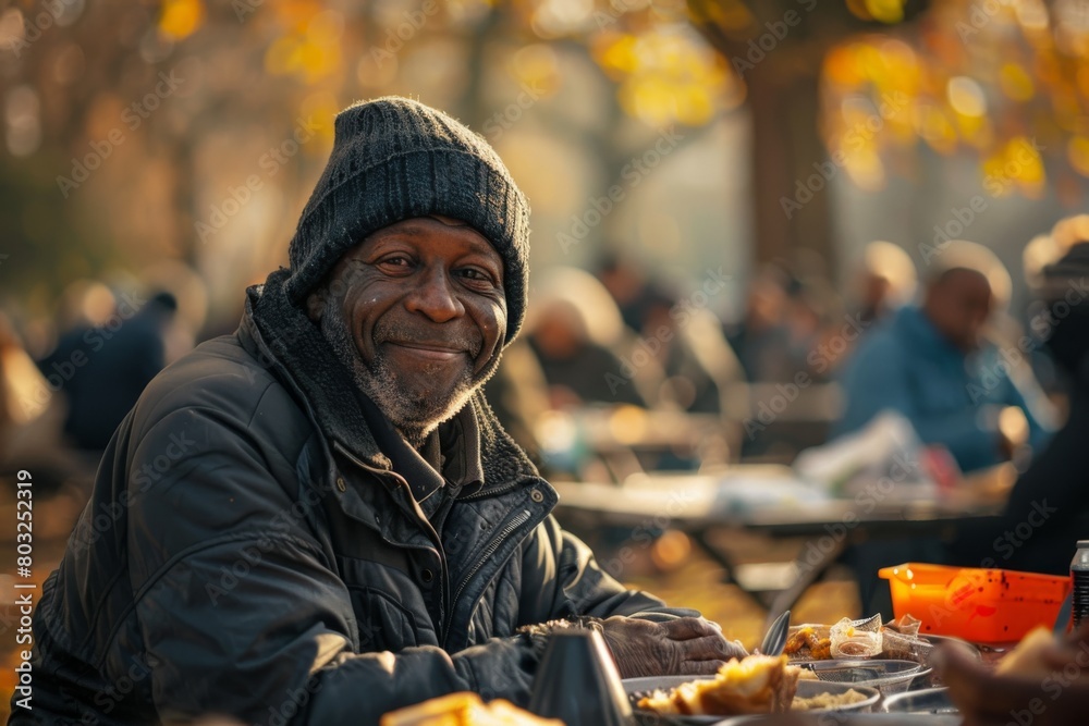 An elderly African American man homeless smiles warmly while eating a meal outdoors, surrounded by autumn leaves. An elderly African American man homeless smiles warmly while eating a meal outdoors, surrounded by autumn leaves.