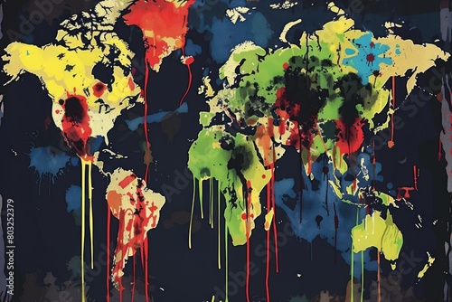 A colorful world map covered in vibrant paint. Ideal for educational or artistic projects