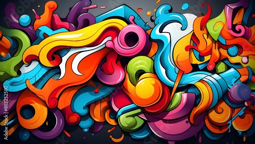 Abstract graffiti background with colorful cartoon characters and numbers in the style of street art. A vivid pattern featuring various shapes, forms, shadows, highlights, and reflections.