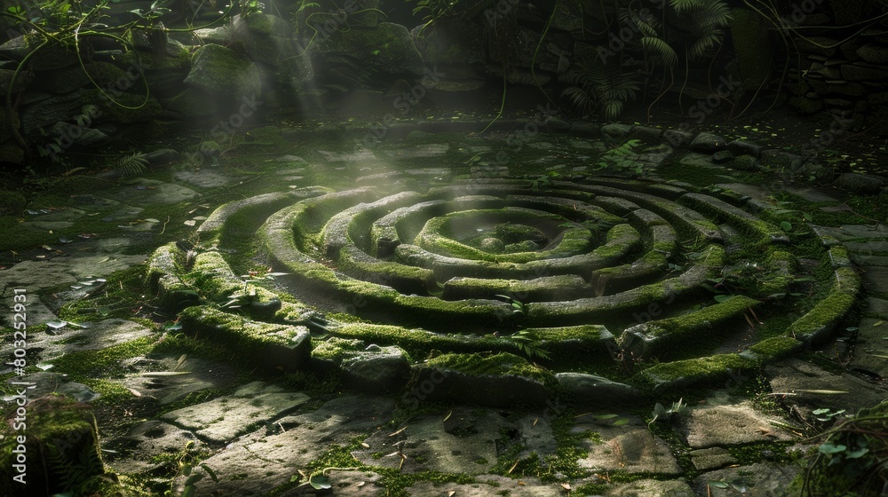 Mystical stone labyrinth in a lush forest, illuminated by soft sunlight filtering through leaves
