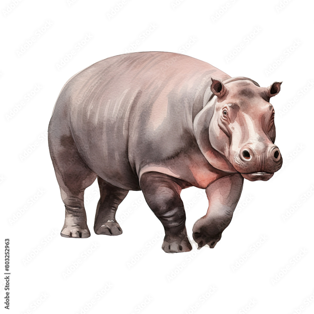 Naklejka premium AI-Generated Watercolor Hippopotamus Clip Art Illustration. Isolated elements on a white background.