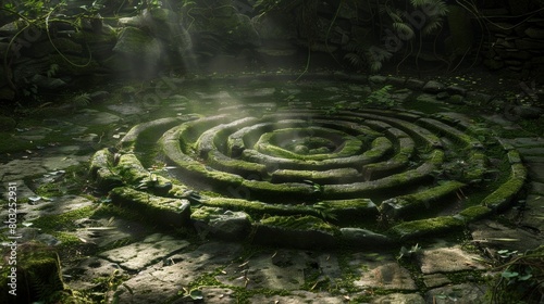 Mystical stone labyrinth in a lush forest  illuminated by soft sunlight filtering through leaves