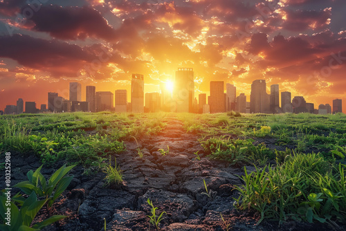 A city skyline is shown with a bright orange sun in the sky. The city is surrounded by a field of grass, which is dry and brown. Scene is one of desolation and emptiness