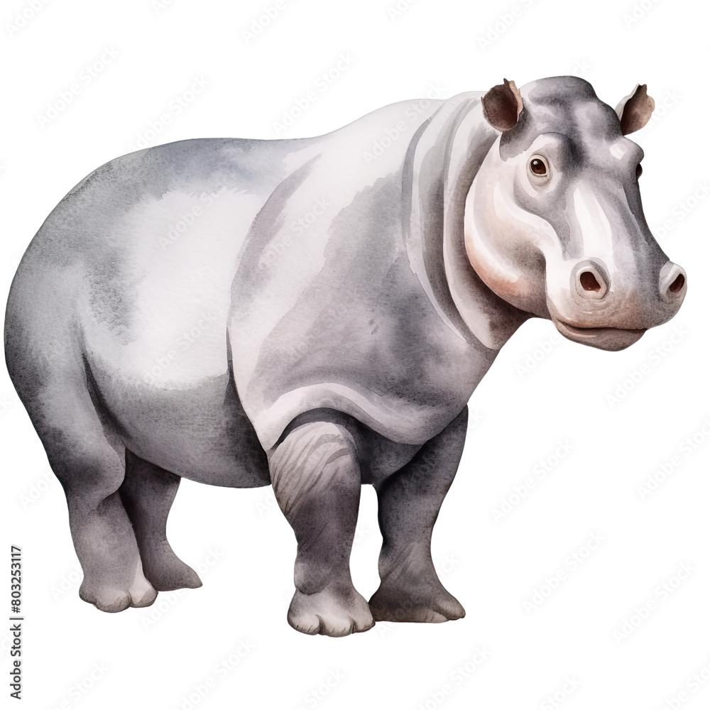 Naklejka premium AI-Generated Watercolor Hippopotamus Clip Art Illustration. Isolated elements on a white background.