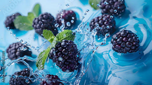 Blackberries with mint leaves and a splash of water AI generate image.