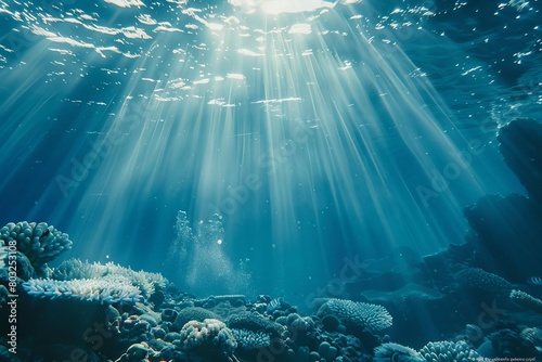 underwater ocean scene with sunlight rays piercing through blue water scuba diving background