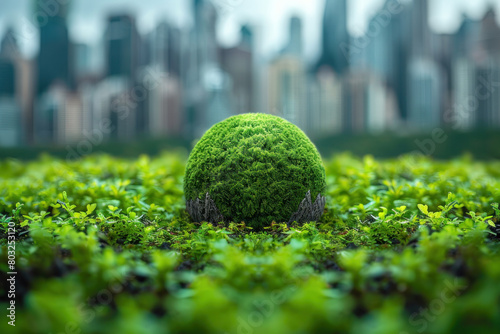 A small green ball of moss sits in a field of green grass. The moss ball is surrounded by tall grass and is the only object in the scene. Concept of solitude and peacefulness photo