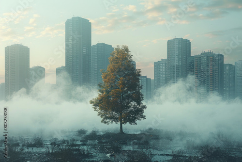 A tree is standing in a foggy field in front of a city. The city is in the background and the fog is thick