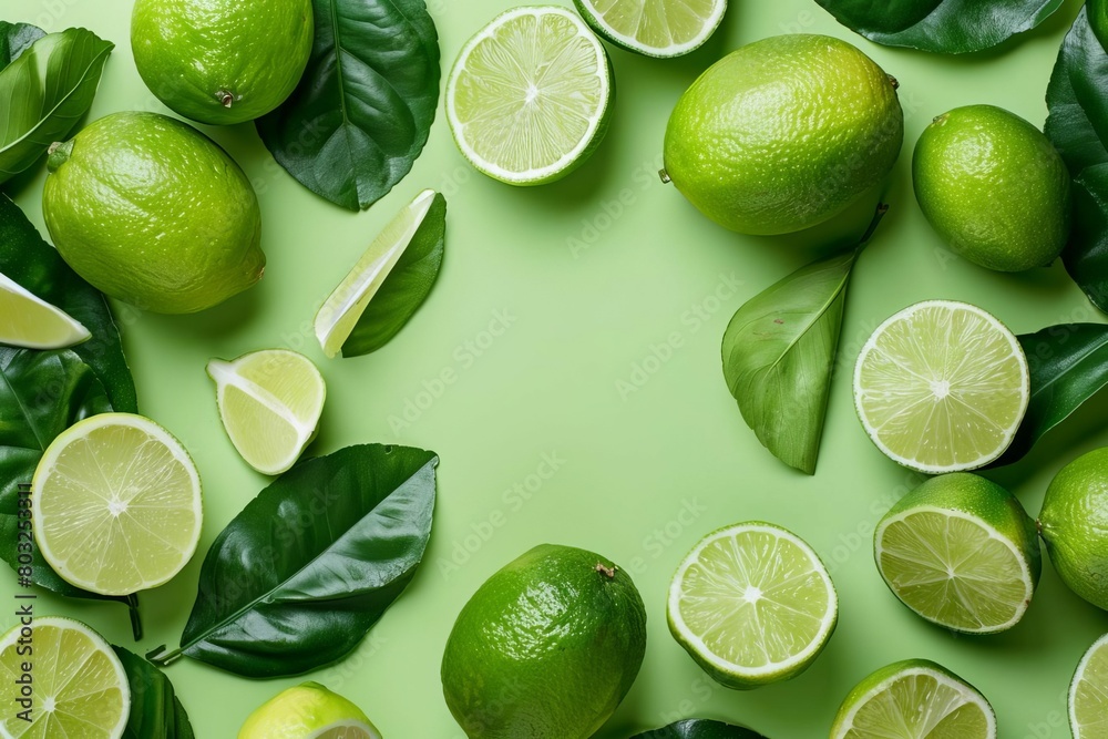 vibrant fresh limes with leaves on light green background flat lay composition food photography