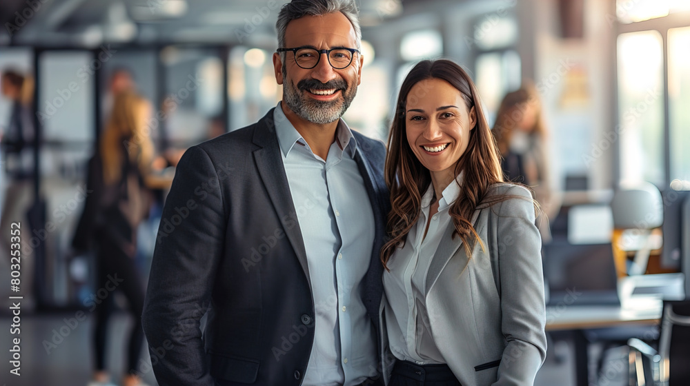 A man and a woman, standing in their office, posing for the photo, professional and smiling, office background A man and a woman, standing in their office, posing for the photo, professional and smiling, office background