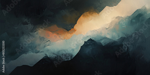 Abstract watercolor background with minimalistic dark rounded shapes