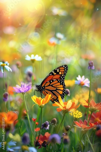 A beautiful butterfly perched on top of a colorful flower field. Perfect for nature and wildlife concepts