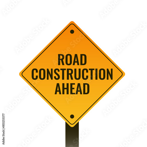 Road construction ahead. Diamond shaped orange traffic sign. Isolated on transparent background.