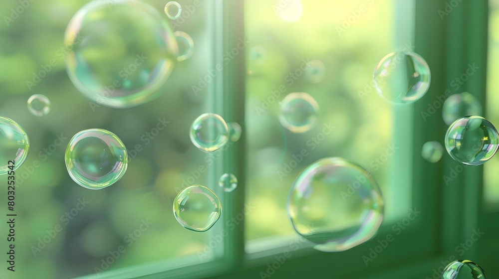 Iridescent Bubbles Against Smooth Green Wall with Blurred Window Lighting