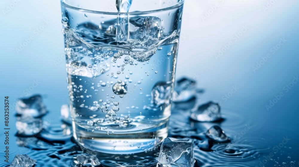 A glass filled with water sitting among ice cubes on a table A glass filled with water sitting among ice cubes on a table