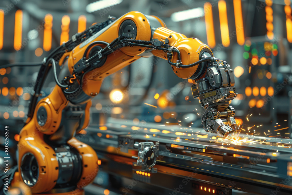 A robot is working on a metal piece in a factory. The robot is orange and has a long arm. The factory is brightly lit and the robot is surrounded by other machines. Scene is industrial and futuristic