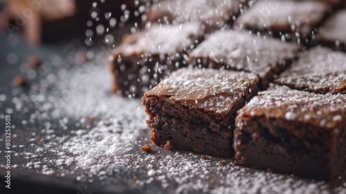 A closeup of brownies with powder sugar being sprinkled on top
