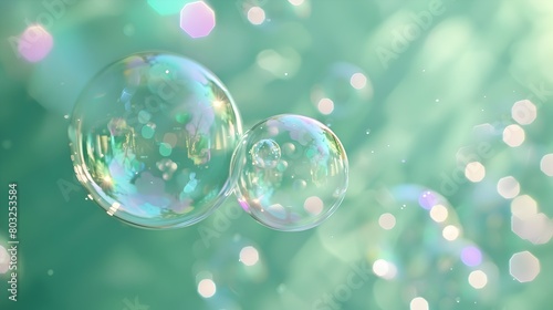 Iridescent Bubbles Floating Against Smooth Green Wall with Soft Window Lighting