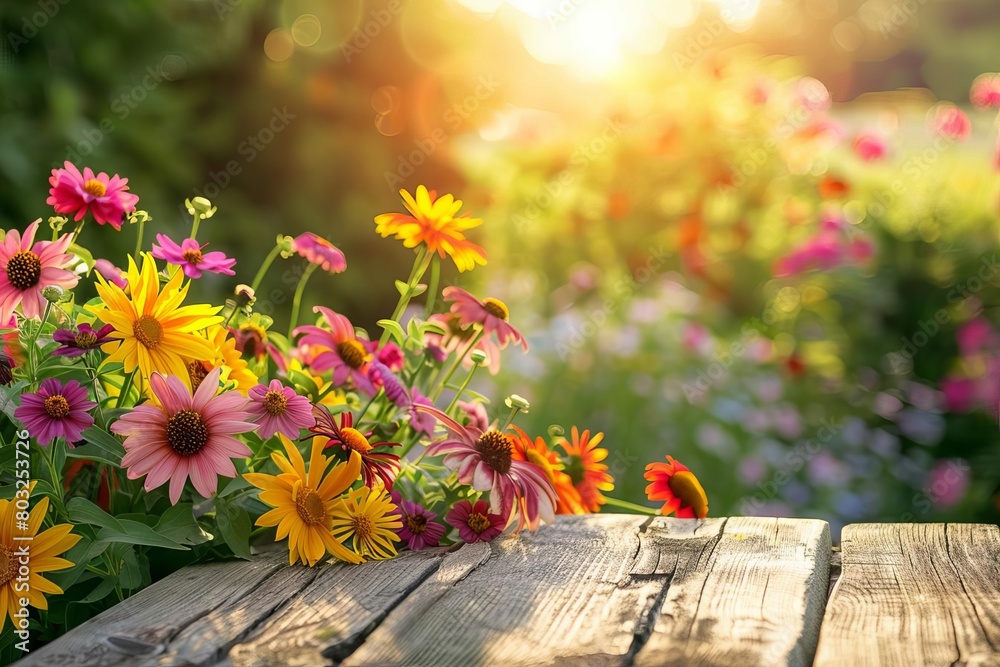 vibrant garden flowers bathed in golden sunlight rustic wooden table foreground abstract photo