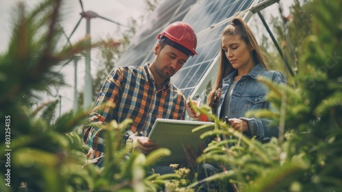 Agricultural Engineers Using Tablet in Greenhouse. Two agricultural engineers using a digital tablet among tall green plants in a modern greenhouse. photo