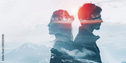 Double exposure, portrait of a couple in love and a bleak depressing landscape. Minimalist and elegant, white background. Creative concept of problems in marriage, rift, crisis. photo