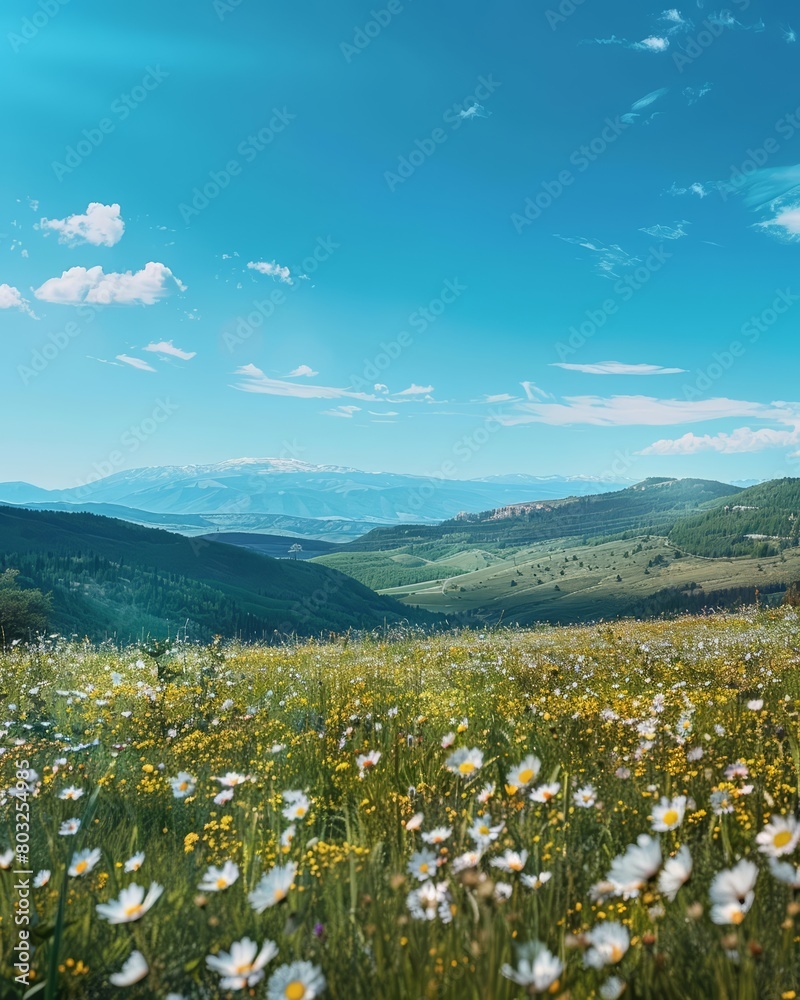 Generate an image of a vast mountain meadow, filled with colorful wildflowers