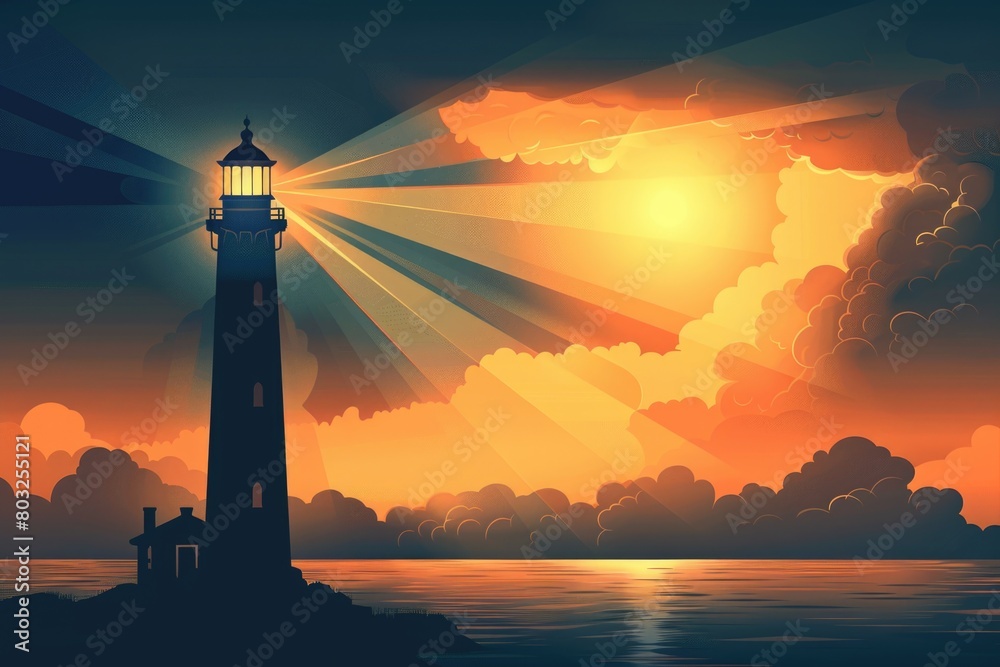 A picturesque lighthouse standing in the middle of a calm body of water. Perfect for nautical themed designs