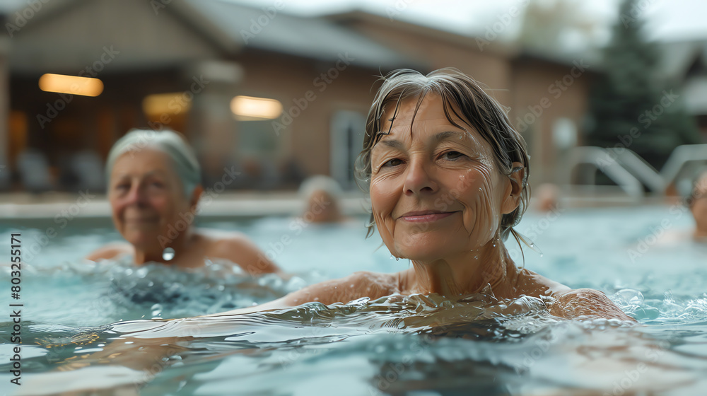 An elderly woman is swimming in a pool and smiling at the camera.