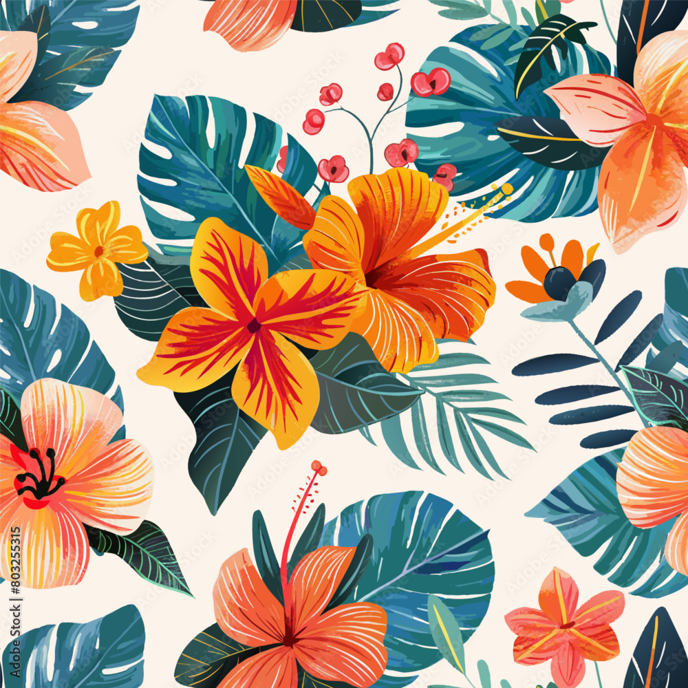 Seamless pattern with tropical flowers and leaves on a white background, design in warm orange and green tones. Perfect for textiles and art projects. Vector Illustration.