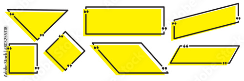 Quote box frame set. Blank quote boxes for text. Quotation bubble frame template with yellow background. Quote text in speech bubble. Quote bubble testimonial banners. Text in brackets.