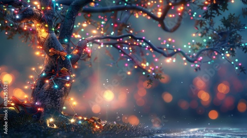 Magical nighttime scene of a whimsical tree adorned with colorful fairy lights and ornaments