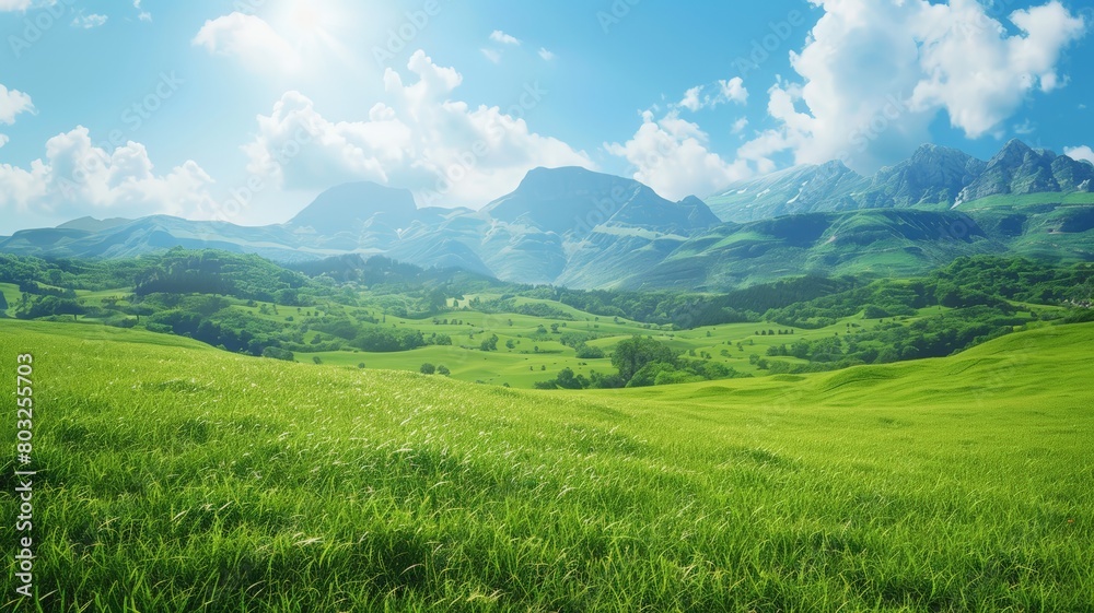 Obraz premium A green field with looming mountains in the distance under a clear sky
