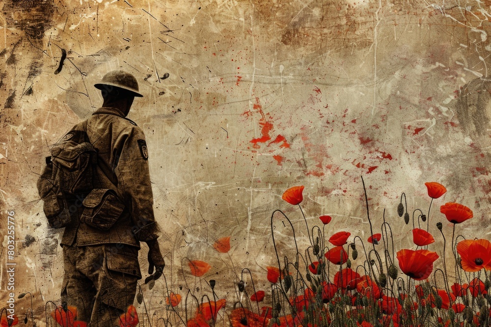 A realistic painting of a soldier standing in a vibrant poppy field. Ideal for military, remembrance, or patriotic concepts A realistic painting of a soldier standing in a vibrant poppy field. Ideal for military, remembrance, or patriotic concepts